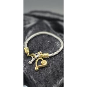 Sterling Silver Snake Chain Charm Bracelet Gold Accents Heart Dangle - 24g